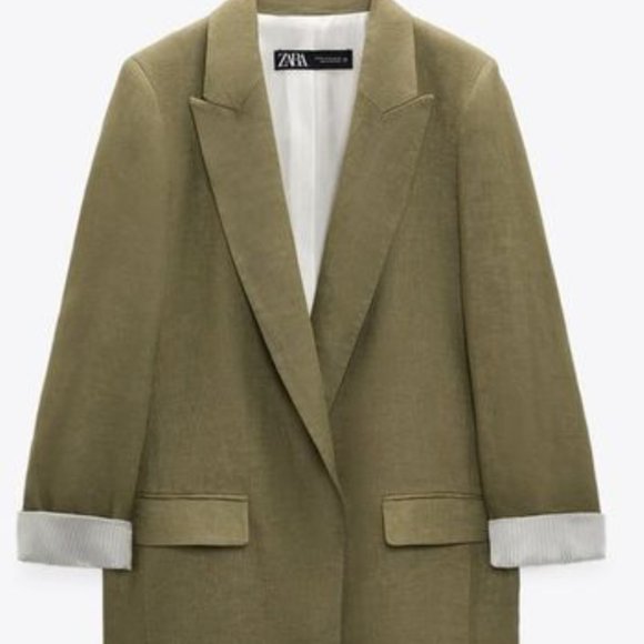 Zara Jackets & Coats Zara Linen Blazer With Printed Sleeves Olive Green Poshmark